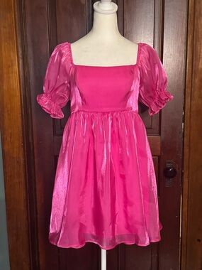 4-Hearts Babydoll Style Hot Pink Dress Size Medium Puff Sleeves
